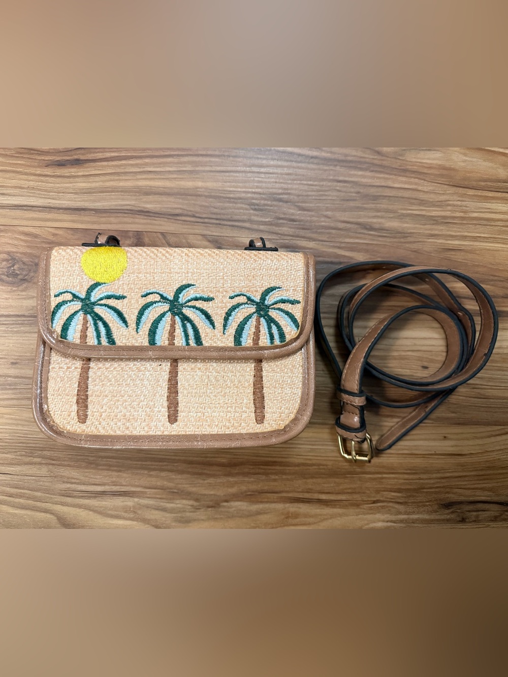 Palm Tree Tropical Embroidered Straw Crossbody Vacation Bag